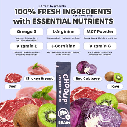 Grab & Go Squeeze Vita Stick Lickable Treats for Dogs & Cats. 49 Brain Support Sticks with Essential multivitamins. Soft and Tasty Paste for All Life Stages, Supporting Brain Health