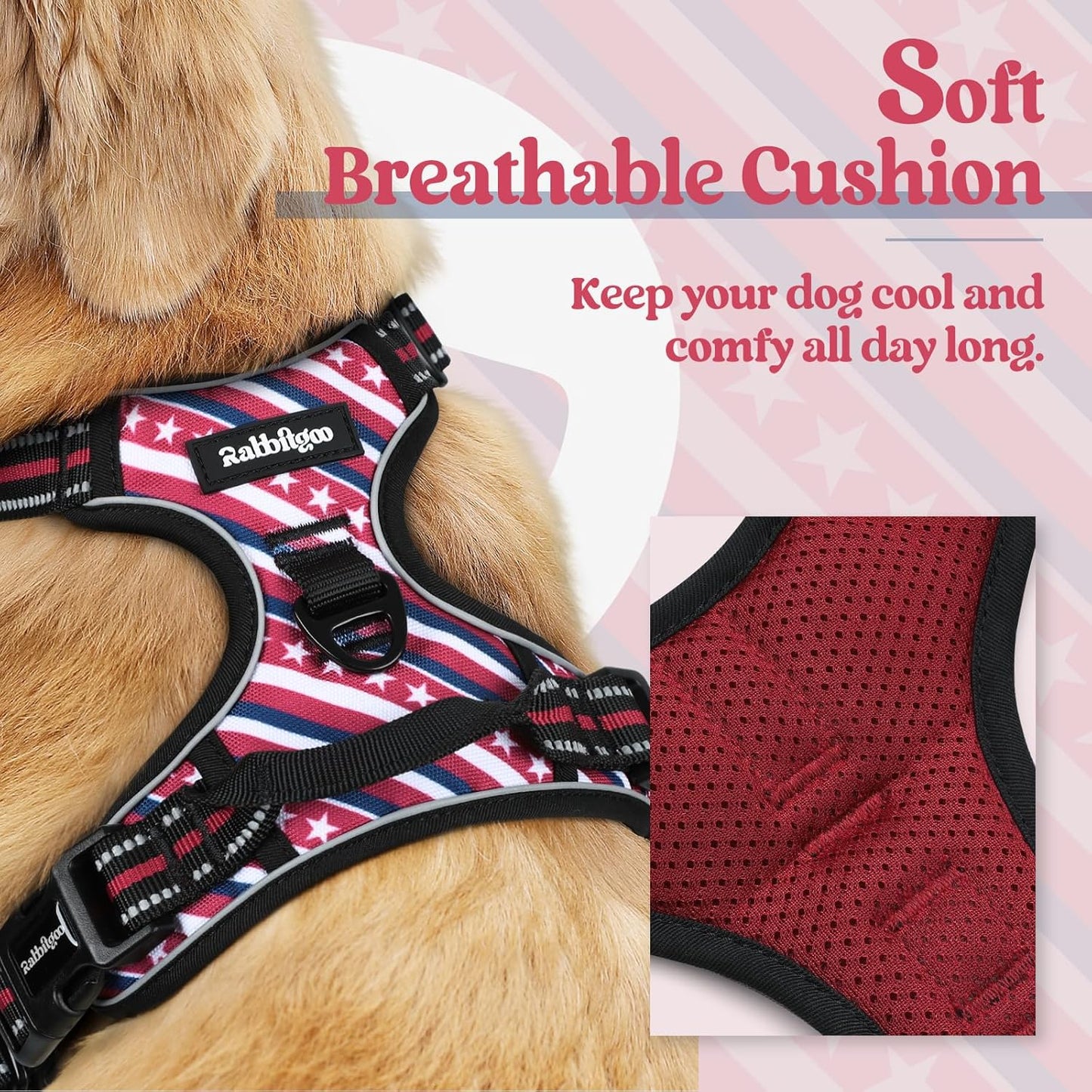 rabbitgoo Dog Harness No Pull with 2 Leash Clips, Adjustable Soft Padded, Reflective Oxford No Choke Pet Vest with Easy Control Handle for Large Dogs, Red Stripe, L