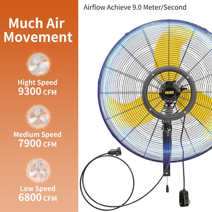 HiCFM 30 inch Misting Outdoor Oscillation Weatherproof Wall Mounted Fan with IP44 Enclosure Motor, GFCI Plug, 9300 CFM 3-Speeds High Velocity Powerful Wall Fan, UL Outdoor Approved