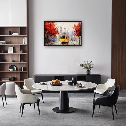 Large Cityscape Wall Art for Living Room, Framed Oversized Urban Tram Wall Decor Tree Landscape Canvas Painting Modern Artwork for Living Room Bathroom Bedroom Office Dining Room 36"x24"