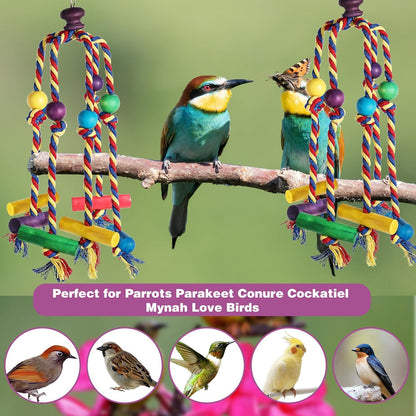 Bird Toys for Parrots Conures, Colorful Rope Bird Toys, Interactive Chewing Climbing Toy for Cockatiels, Small Birds Fun Hanging Design with Hook for Cages Relieves Boredom Encourages Behavior