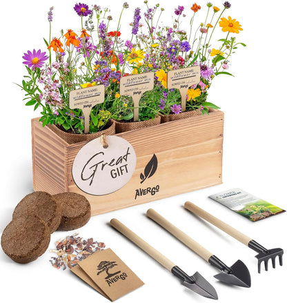 Wildflower Seed Mix Growing Kit - Includes Perennial & Annual Wild Flowers, Burlap Planters, Soil, Wooden Box, and Gardening Tools for Indoor Garden and Patio Planting