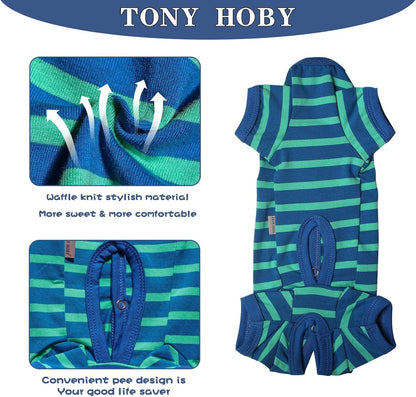 TONY HOBY Dog Pajamas for Female/Male, Dog Jumpsuit with Stripes for Small Medium Dogs, Soft and Comfortable 4 Legged Pajamas Dogs Clothes (Blue&Green, Boy, L)
