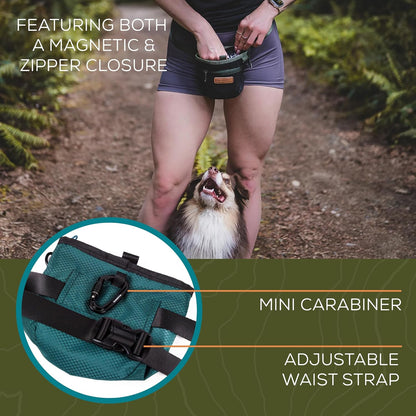 Wilderdog Dog Training Treat Pouch with Magnetic and Zipper Closure, Carabiner Attached, Adjustable Waist Strap - Black