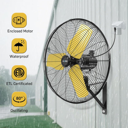 8800 CFM 24" Outdoor Commercial Wall Fan Oscillating, IP44 Waterproof Wall Mount Fan, Heavy Duty, 3 Speed, Adjustable Tilt for Factory, Warehouse, Garage, ETL Listed