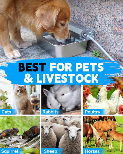 Automatic Dog Water Dispenser, 2 Gallons 304 Stainless Steel Dog Water Bowl for Indoor/Outdoor, Large Water Bowl for Pets & Livestock, Anti Tip, Wide Mouth, Water Auto Fill, Fit GHT 3/4" Faucet