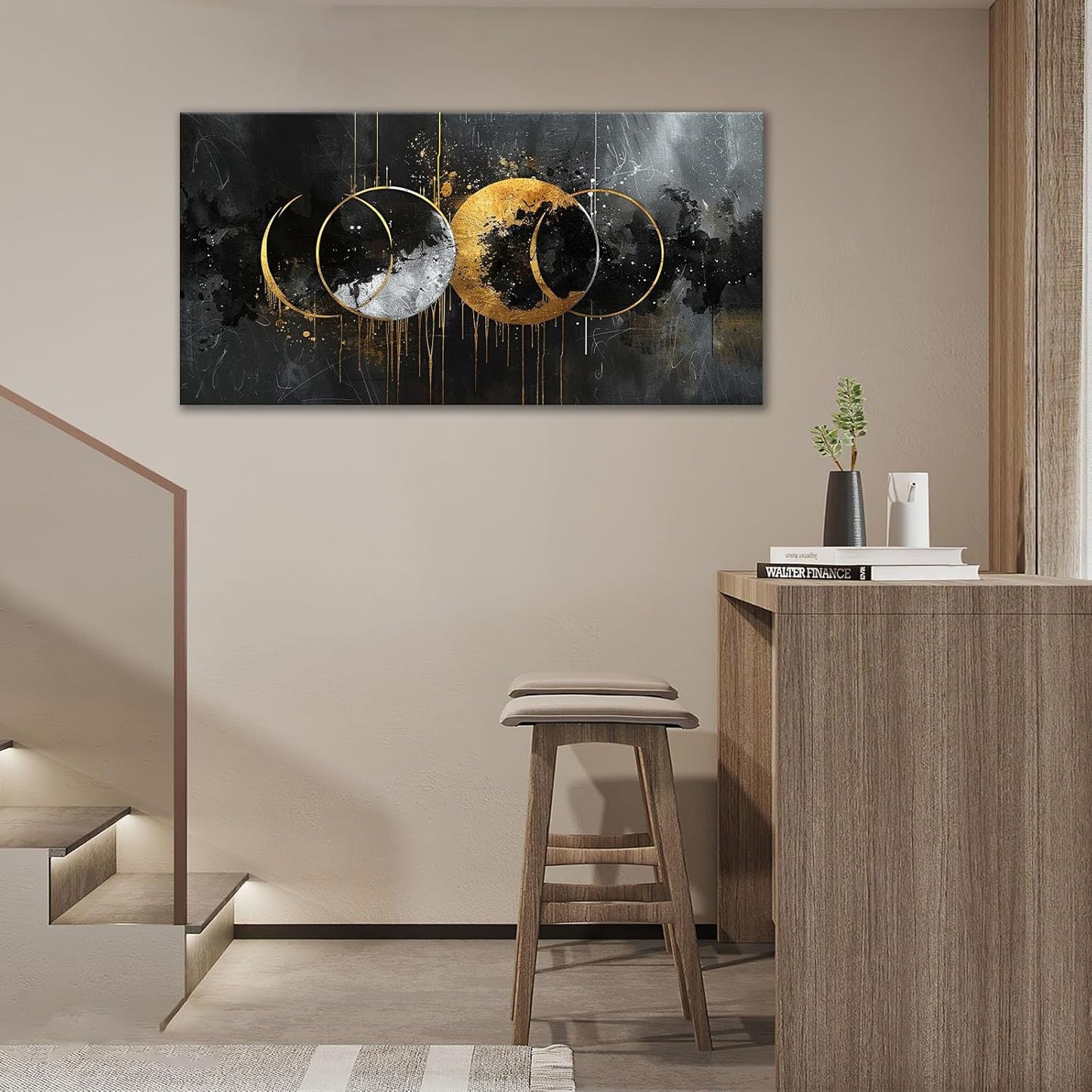 Quorin Abstract Sun Moon Large Wall Art Black and Gold Circle Pictures Sun and Moon Wall Decor Canvas Print Painting Artwork for Bathroom Living Room Bedroom 30"x60"