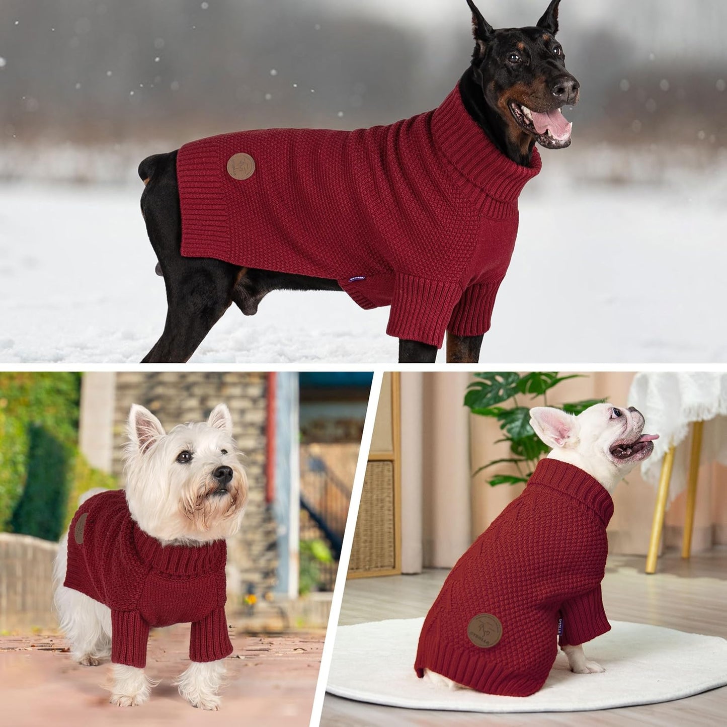 cyeollo Dog Sweater Knitwear with Leash Hole Turtleneck Pullover Sweaters Fall Winter Dog Clothes Sweaters for Large Dogs, Burgundy XXXL
