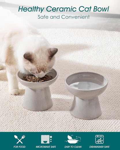 vancasso Ceramic Elevated Cat Bowls 2-Pack - 6.2" Extra Wide Raised Cat Food & Water Dishes, 5.1" Optimal Height Anti-Whisker Fatigue Shallow Bowls for Cats/Kittens/Dogs, Lead & Cadmium Free (Grey)