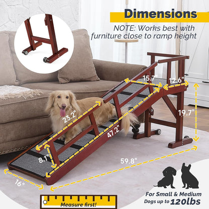 Dog Ramp for Bed or Couch, Wooden Pet Ramp with 20° Gentle Slope, Removable Side Rails, Non-Slip Surface, Top Platform & Wheels, Safe Bed Ramp for Small, Medium & Senior Dogs, 60" Long, Mahogany