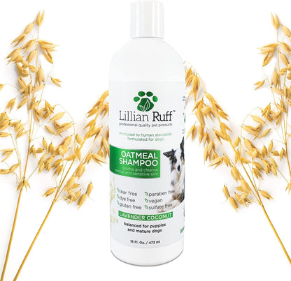 Lillian Ruff Calming Oatmeal Pet Shampoo for Dry Skin & Itch Relief with Aloe & Hydrating Essential Oils - Replenish Moisture & Deodorize - Tearless Dog Shampoo for Normal/Sensitive Skin (16oz)