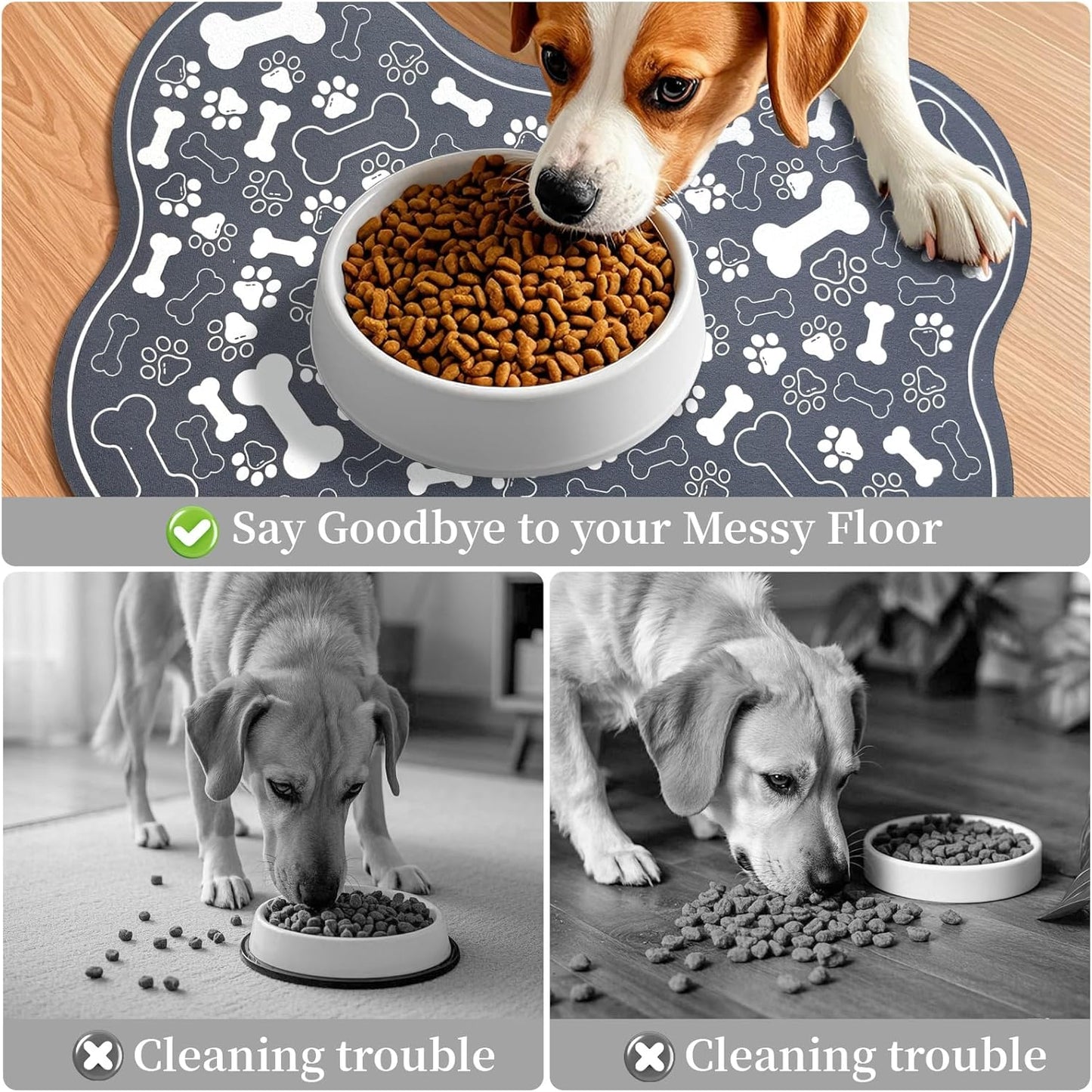 Dog & Cat Food Mat Bone Shaped Pet Feeding Mat Quick Absorb Water Bowl Placemat with Rubber Backing Indoor Floor Stain Resistant Pet Accessory Supplies (Dark Gray, 16x24 Inches)