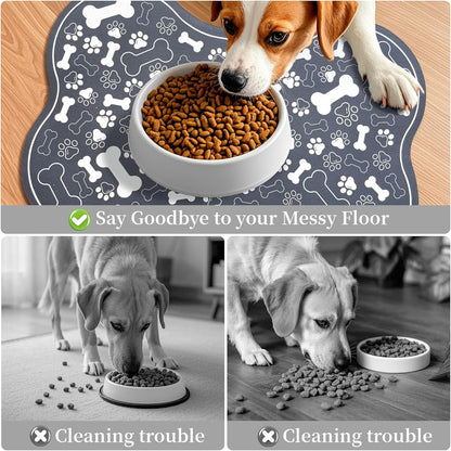Dog & Cat Food Mat Bone Shaped Pet Feeding Mat Quick Absorb Water Bowl Placemat with Rubber Backing Indoor Floor Stain Resistant Pet Accessory Supplies (Dark Gray, 16x24 Inches)