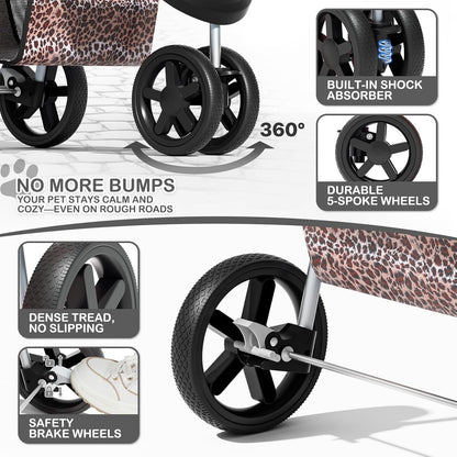 MoNiBloom 3 Wheels Pet Dog Cat Stroller for Small Medium Dogs Cats, Lightweight Foldable Jogger Stroller w/Storage Basket & Cup Holder, Leopard Print