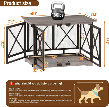 COZPAW Large Dog Crate Furniture - 48 inch Heavy Duty Dog Kennel Indoor for XLarge Breed with Double Doors, Wooden Dog Cage XL Modern Decorative End Table Pet House (Gray)