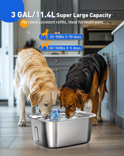 Dog Water Fountain for Large Dogs Stainless Steel, 3Gal Extra Large Dog Water Bowl Dispenser with 2 Filters & Visual Window, Automatic Filtered Pet Fountain Indoor, Quiet Safe Pump with LED Indicator