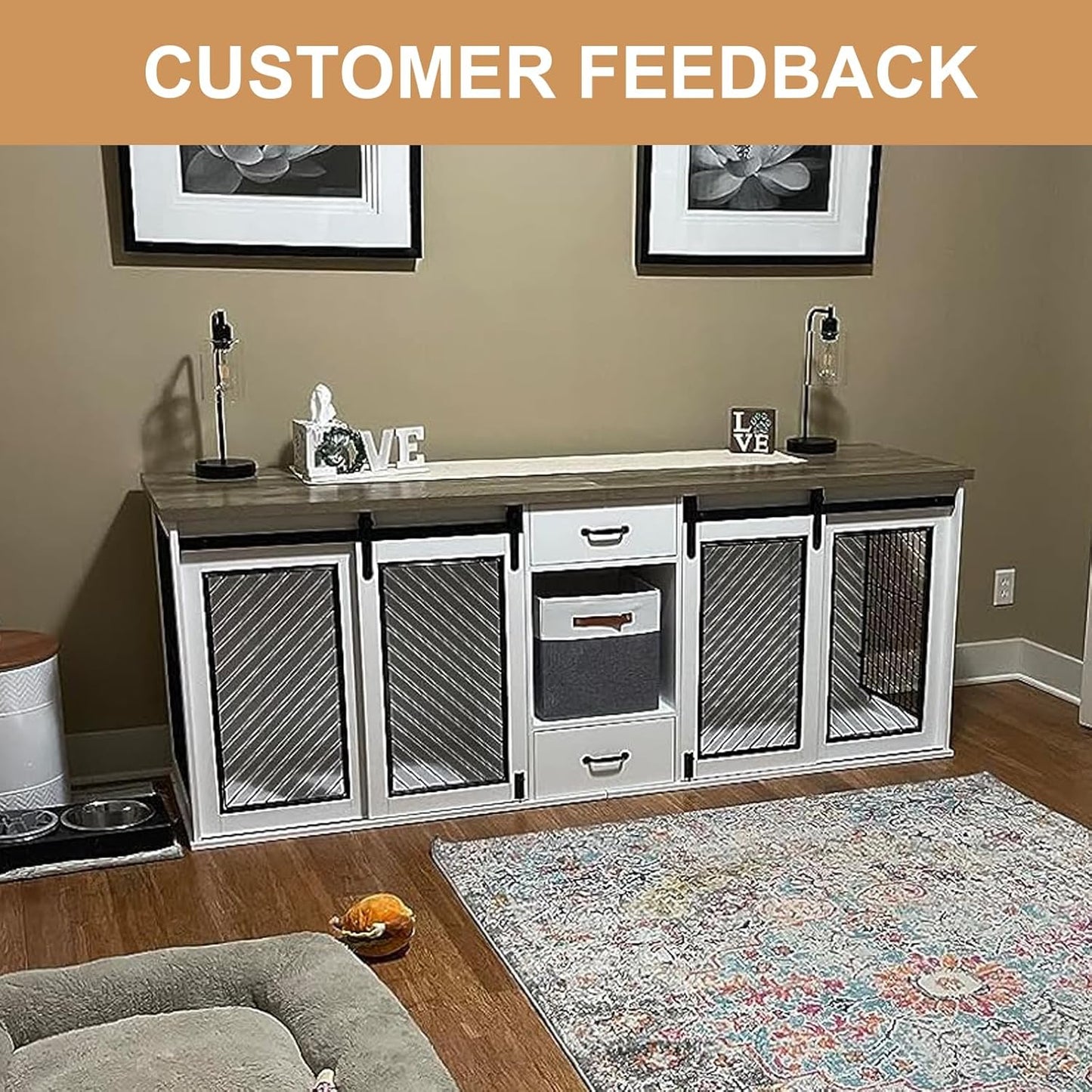 Extra Large Dog Crate Furniture, 85" Sliding Door Double Kennel for 2 Large Dogs Divided, Heavy Duty Wooden Dog Crate Kennel Furniture with 4 Dog Bowls and Drawer Indoor, White