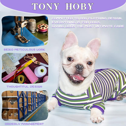 TONY HOBY Dog Pajamas, Knitted Dog Jumpsuit Shirt in Cold Weather, Dogs Surgical Recovery Suit for Small Medium Dogs (Purple&Green, Boy, L)