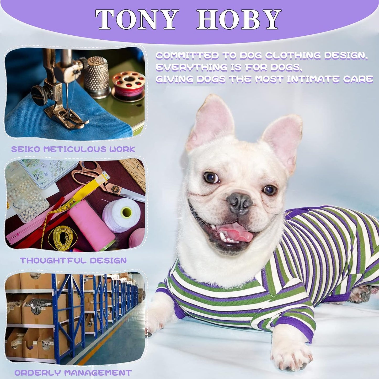 TONY HOBY Dog Pajamas, Knitted Dog Jumpsuit Shirt in Cold Weather, Dogs Surgical Recovery Suit for Small Medium Dogs (Purple&Green, Boy, S)