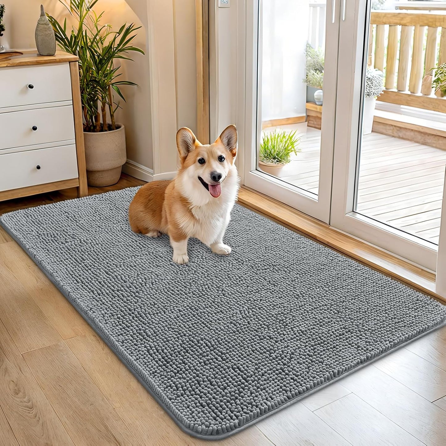 OLANLY Dog Door Mat for Muddy Paws 45x27, Absorbs Moisture and Dirt, Absorbent Non-Slip Washable Doormat, Quick Dry Chenille Mud Mat for Dogs, Entry Indoor Entryway Carpet for Inside Floor, Grey