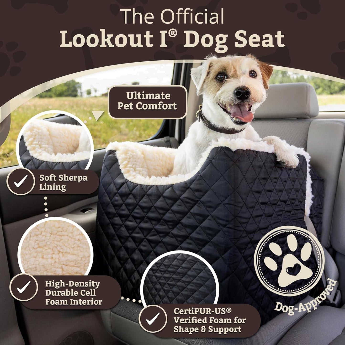 Snoozer Lookout I Car Seat - Dog Car Seats for Small Dogs, Puppy Booster Bed for Small & Medium Sized Pets Up to 25 Lbs, Elevated, Washable - Medium, Black Quilted