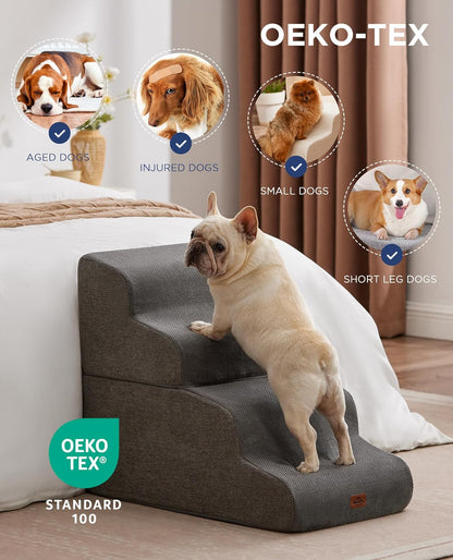 Gray Curved Dog Stairs Ramp for Small Dogs & Cats 17.1" H, 3-Step Dog Steps for Couch Sofa and Chair, Pet Stairs for Cats, Non-Slip Balanced Pet Steps