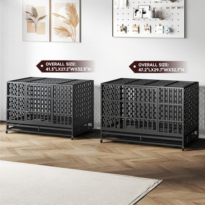 48/42 Inch Heavy Duty Indestructible Dog Crate Steel Escape Proof, Indoor Double Door High Anxiety Cage, Kennel with Wheels, Removable Tray, Extra Large XL XXL