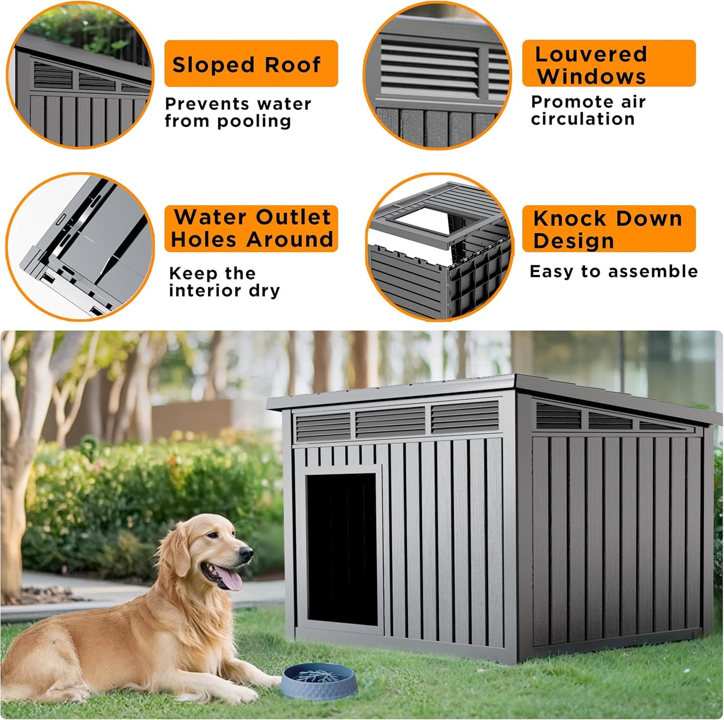 DRATO Dog House for Both Indoor and Outdoor with Weatherproof Roof Removable Floors for Medium to Large Dogs Interior Space (Gray, Large (42.87 * 32.95 * 31.61''))