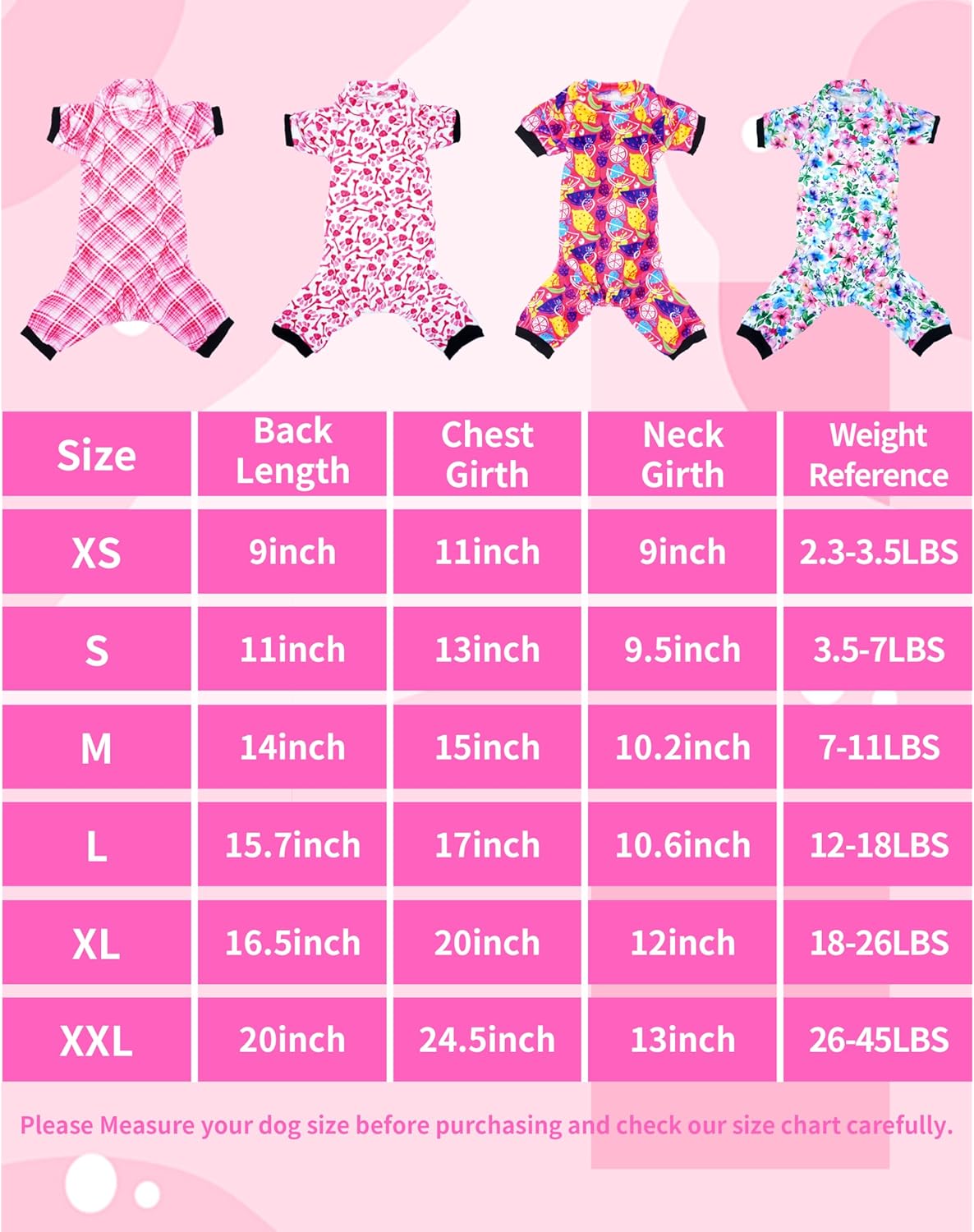 PET SHOW 4 Pack Small Dog Pajamas Cute Paw Bone Clothes for Medium Dogs Soft Stretchy PJs Plaid Jumpsuit Puppy Floral Fruits Onesies Outfits with Sleeve Pets Dachshund Costume(XL, Pink for Girls)