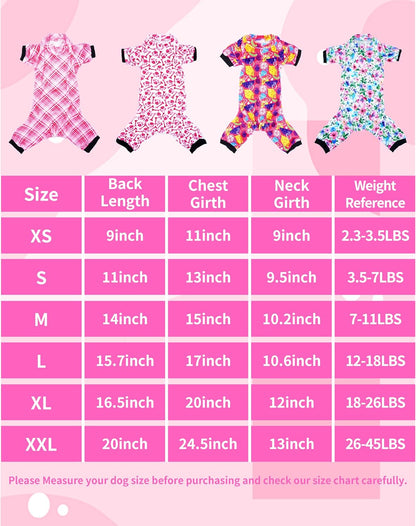 PET SHOW 4 Pack Small Dog Pajamas Cute Paw Bone Clothes for Medium Dogs Soft Stretchy PJs Plaid Jumpsuit Puppy Cats Floral Fruits Onesies Outfits with Sleeve Pets Dachshund Costume(S, Pink for Girls)