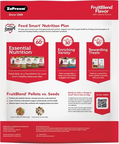 ZuPreem FruitBlend Bird Food, Bird Feed Pellets for Cockatiel, Lovebird, Quaker, Small Conure, Lorikeet, Core Nutrition with Natural Fruit, Cockatiel Food, Conure Feed, (Medium, 10 lb Bag)