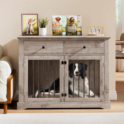 PUKAMI 44inch Dog Crate Furniture with Drawers,Wooden Dog Kennel Furniture for Large Breed,End Table Wood Dog House for Indoor use (Grey)