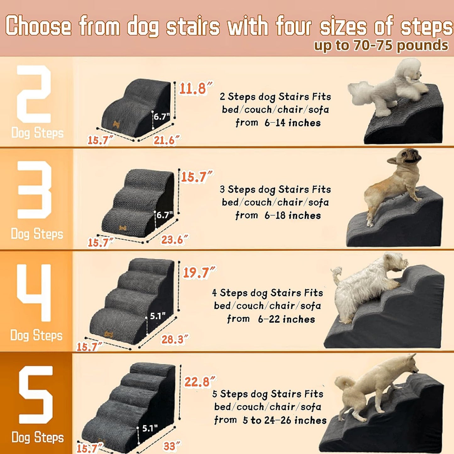 5-Step Dog Stairs for 30 Inch High Beds & 20-30 Inch Couch Bed, Non-Slip Balanced Indoor Pet Ramp Stairs for Small Old Large Dogs Cats to Get on Bed 30D