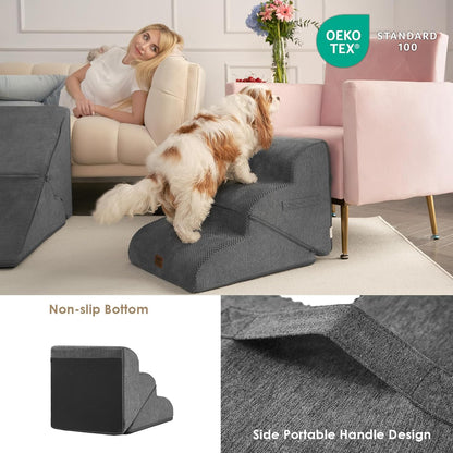 EHEYCIGA Curved Foldable Dog Stairs Ramp for Small Dogs 16" H, 3-Step Dog Steps for Couch Sofa and Chair, Pet Stairs for Cats, Non-Slip Balanced Pet Steps Indoor, Grey