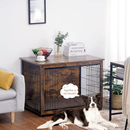 DWANTON Dog Crate Furniture with Cushion, Wooden Kennel Table with Double Doors, Indoor Dog House, Large Size, 38.5" L, Rustic Brown