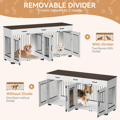 71 in Dog Crate Furniture for 2 Dogs, Wooden Double Dog Crate with 3 Drawers and Removable Room Divider, XXL Indoor Dog Kennel TV Stand End Table with Double Doors for Large Medium Dogs, White