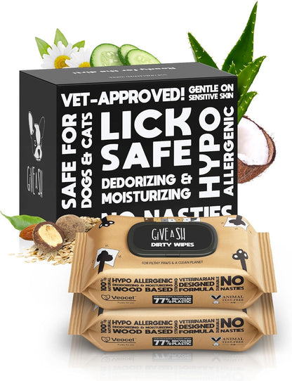 Lick-Safe Pet Wipes for Dogs & Cats - Vet-Approved & Hypoallergenic - Cleans Mud, Odors & Dander - Wipes for Paws, Face & Butt - 10% to Charity - Earth-Friendly & Unscented Cat Cleaning - Pack of 200