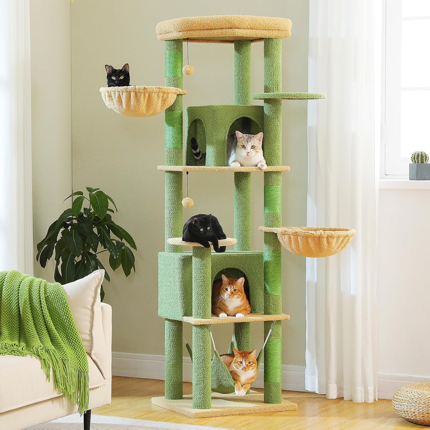 71.2" Large Cat Tree for Multi-Cat Households - 9-Level Cat Tower w/5 Sisal Scratching Posts, 2 Condos, Soft Hammock, Top Perch & Pom Poms - Heavy-Duty Space-Saving Design, Cactus Green