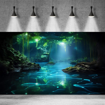 Cave Aquarium Background Underwater Cave with Light Beam Tranquil Stream Terrarium Background Mysterious Elegant Fantasy Tropical Plants Fish Tank Backdrop Wallpaper Poster Decorations Vinyl 24x16in