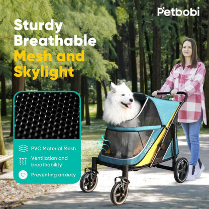 Petbobi Dog Stroller for Medium Dogs - Easy Fold Dual Entry Pet Stroller with One-Foot Brake, All Terrain Wagon Cart with Large Air Mesh, Ideal for Large Senior Pets up to 80 lbs, Green
