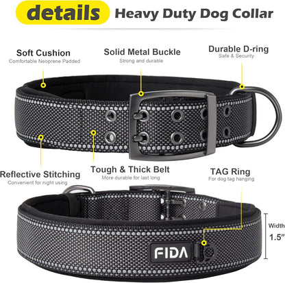 Fida Heavy Duty Dog Collar 1.5” Width, Ultra Soft Neoprene Padded, Adjustable Reflective Nylon Pet Collar with Two Metal Pin Belt Buckle for Large/X-Large Breeds (XL, Black)