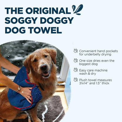 Soggy Doggy Super Shammy Dog Towel - Microfiber Chenille Towel for Drying Dogs and Cleaning Paws - Fast Drying with Hand Pockets for Ease (Blue/Red Trim, 31” x 14”)