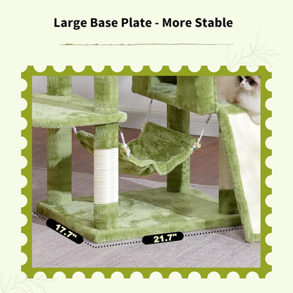 Cat Tree for Indoor Cats, 71'' (180cm) Multi-Level Cat Tower for Large Adult, Sturdy Cat Tree House with 2 Scratching Boards 7 Posts, 2 Plush Perches/Condos, Hammock, Green GCT032GR