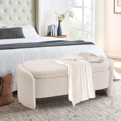 47.6 Inch Lamb Fleece Oval Storage Bench Upholstered Ottoman Bench with Storage, Bedroom Bench with Large Storage Space, for Bedroom Living Room Entryway, Beige