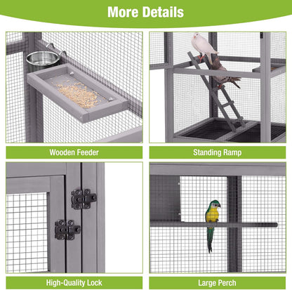 GUTINNEEN Large Bird Cage Outdoor Wooden Aviary Indoor on Wheels, with Play Stand, Perches, Nest Habitat & Wire Mesh Tray for Easy Cleaning