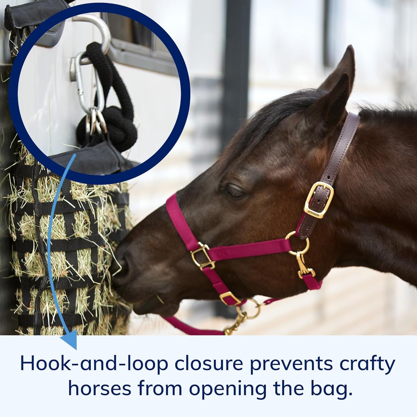 SmartEquine Slow Feed Hay Bag for Horses | Hay Feeder Net with Resistant Nylon | Gator Mouth Enclosure for Easy Loading | Fits 10-15 lbs of Hay | 4 Flakes Bag | 37" x 30" | Navy Blue | 2" Holes