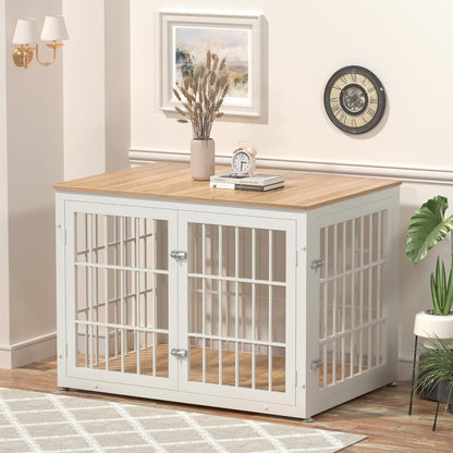 42 Inch Heavy Duty Dog Crate Furniture for Large and Medium Dogs, Decorative Pet House End Table, Wooden Cage Kennel Furniture Indoor, Natural and White