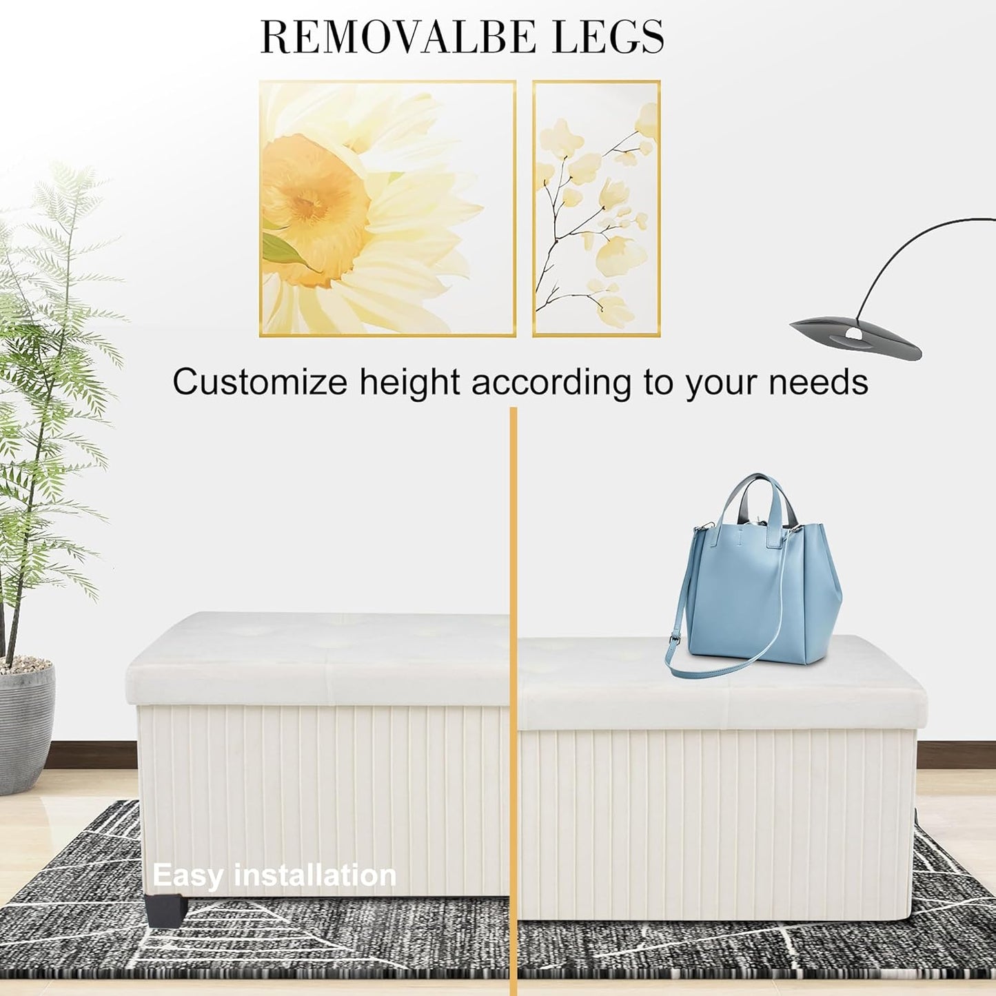 Storage Ottoman Bench, 43 Inch Foldable Ottoman with Legs, Velvet Foot Rest Stool, End of Bed Bench, Storage Chest for Living Room, Bedroom (Beige)