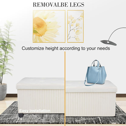 Storage Ottoman Bench, 43 Inch Foldable Ottoman with Legs, Velvet Foot Rest Stool, End of Bed Bench, Storage Chest for Living Room, Bedroom (Beige)
