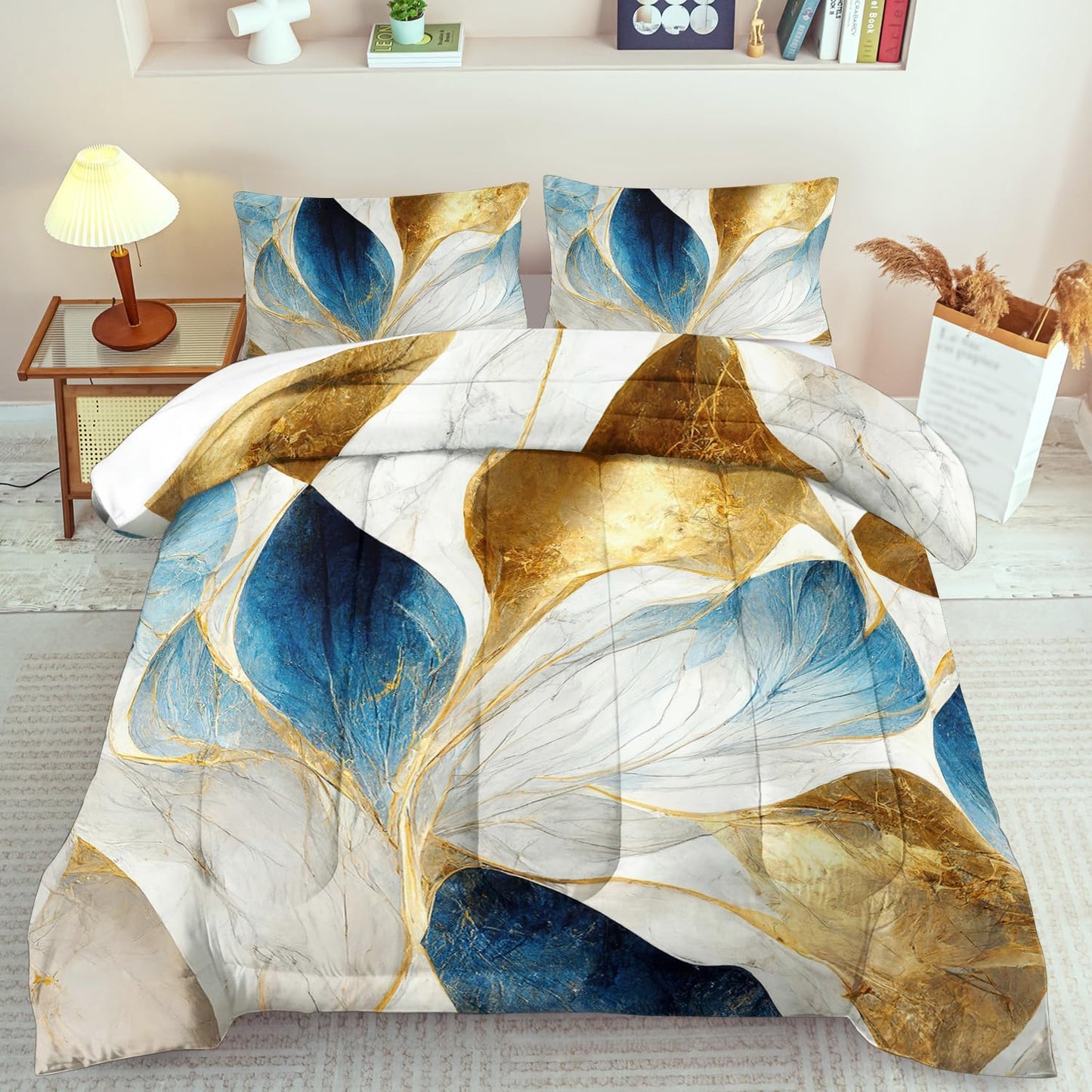Vintage Floral Comforter Set Twin Size Women,Marble Flower Bedding Set Twin,Marble Blue Flower Bed Comforter,Blue and Gold Floral Quilt Bedroom Decor for Kids and Adults
